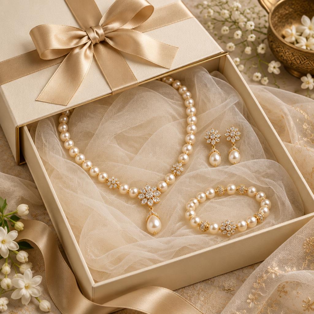 Sparsh Gift cream and gold gift box with a pearl jewellery set
